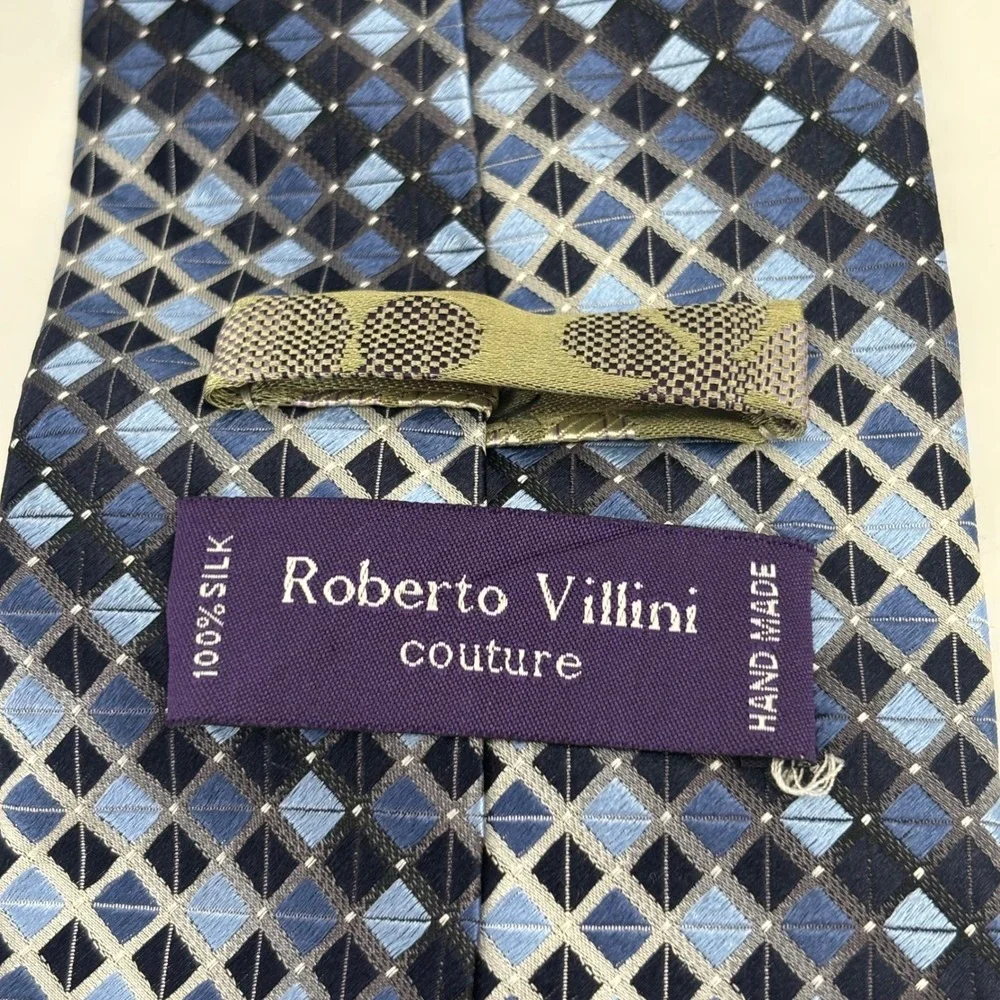 Roberto Villini Tie Mens OS Blue Geometric Diamond 100% Silk Handmade Couture